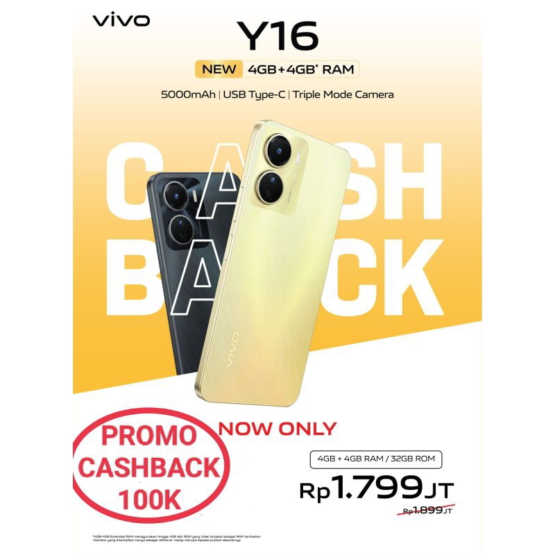 NEW VIVO Y16 RAM4GB+4GB|32GB.BARU.SEGEL.GARANSI RESMI.VIVO SMARTPHONE