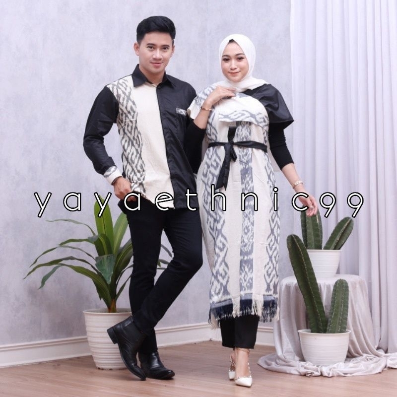 Set couple baju kondangan, couple ethnic tenun troso, kemeja pendek kombinasi tenun, dress tenun troso, outer tenun ikat, baju kondangan