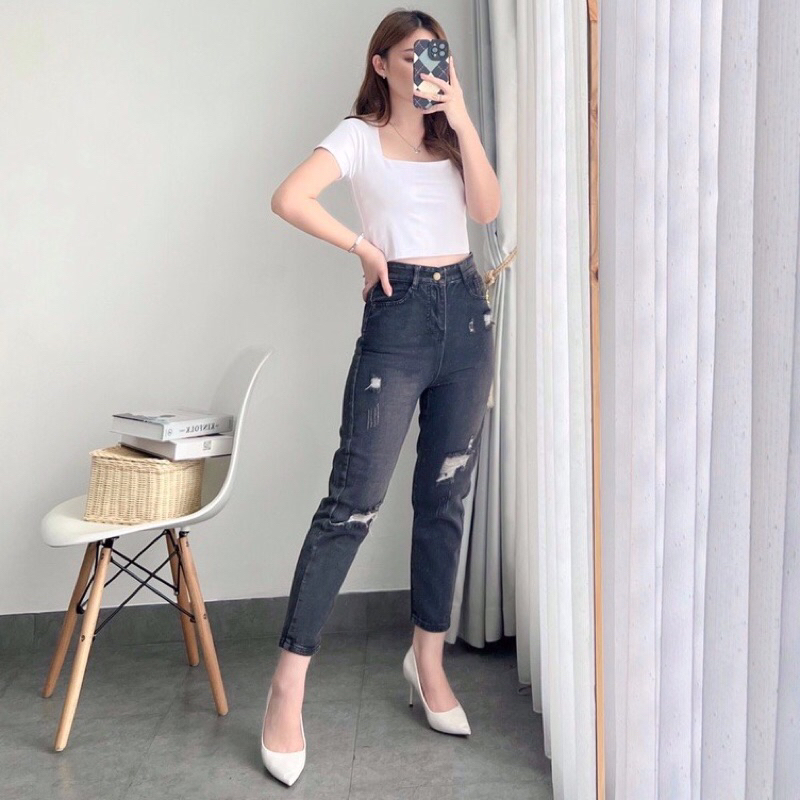 Highwaist Celana Jeans Boyfirend Emy Ripped Jeans Tidak Tembus ( ada lapisan ) by Alzera