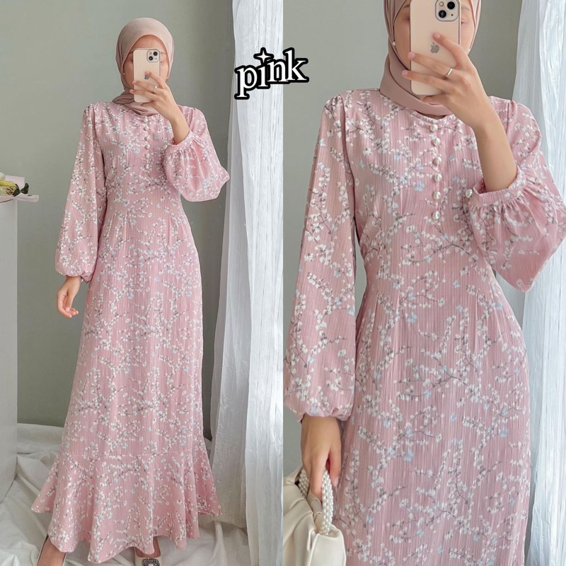 SHAKIRA DRESS | GAMIS MOTIF BUNGA KATUN FLOWER CRINKLE JUBAH ABAYA LEBARAN-pink