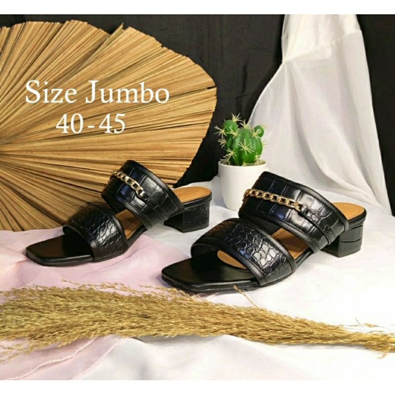 BIG SIZE Woman 40-41-42-43-44-45 Slop kulit Wanita 3cm Kulit Crocoo Black Size Besar JUMBO Hitam