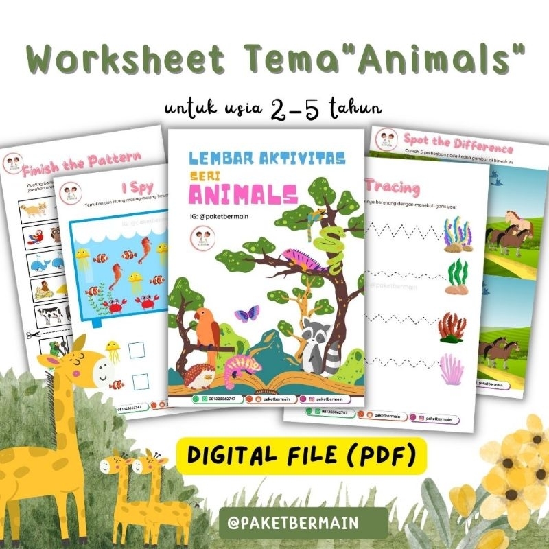 [PDF] 25 Halaman Worksheet tema Hewan/ Binatang / PDF Worksheet tema Animals/ Worksheet usia 2 tahun