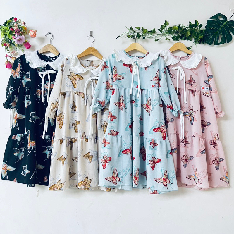 Gamis Anak 2 3 4 5 tahun bubblecrepe crepe motif kupu kupu mayung canda rempel tumpuk hitam biru cream dusty pink( Gamis Butterfly )