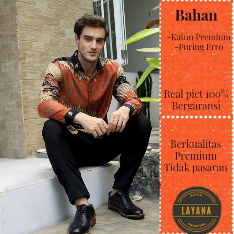 Batik Layana Motif Bengawan Kemeja Batik Dollby Premium Slimfit Warna Terracotta Merah Bata