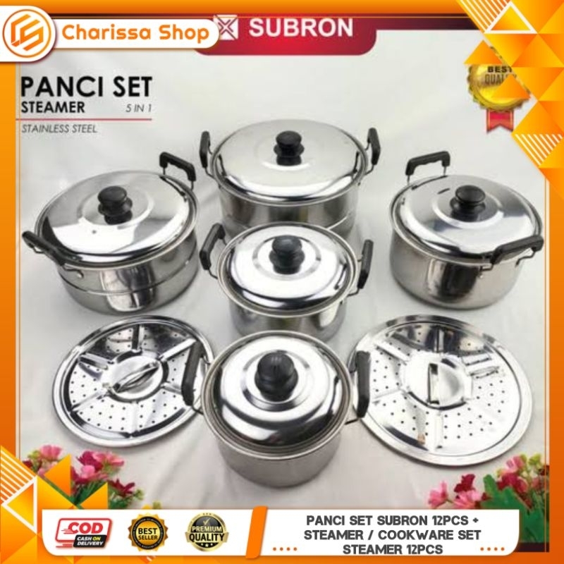 Panci Set Subron 12pcs + Steamer / Cookware Set Steamer 12pcs / Panci Set Merk Subron Stainless stel