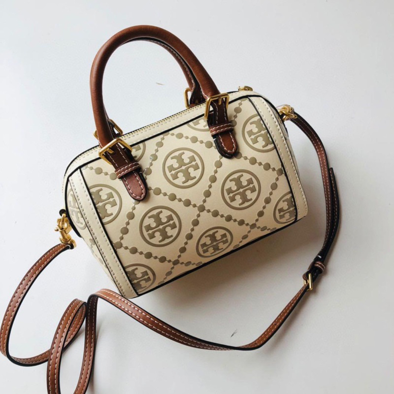 Tory Burch T Monogram Mini Embossed Wine Shoulder Bag Handbag