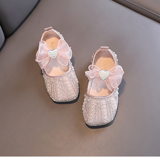 SH7-Sepatu Pesta Anak Perempuan Flat Blink Mutiara Aksen Pita Love