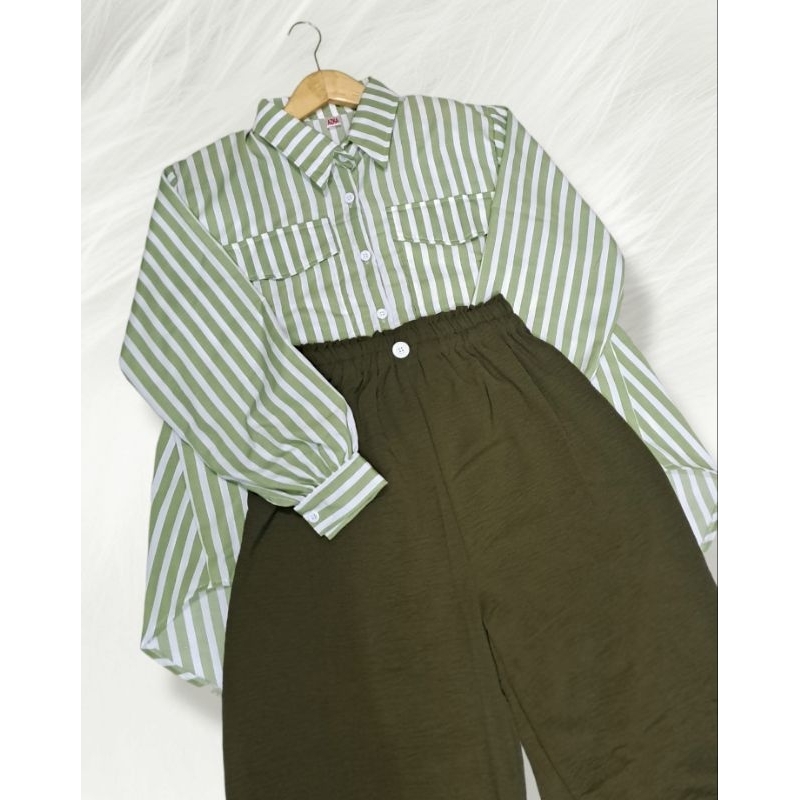 Set Kemeja Salur Kantong Dua Stripe Garis Salur Rayon Katun + Celana Kulot Crinkle Premium