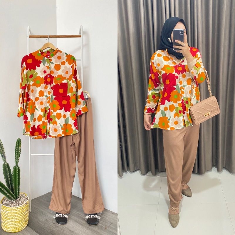 BISA COD DAHLIA SET/ SETCEL BUNGA RAYON/ SETELAN BAJU WANITA/ ONESET BUNGA/ SETELAN KOMBINASI MOTIF 
