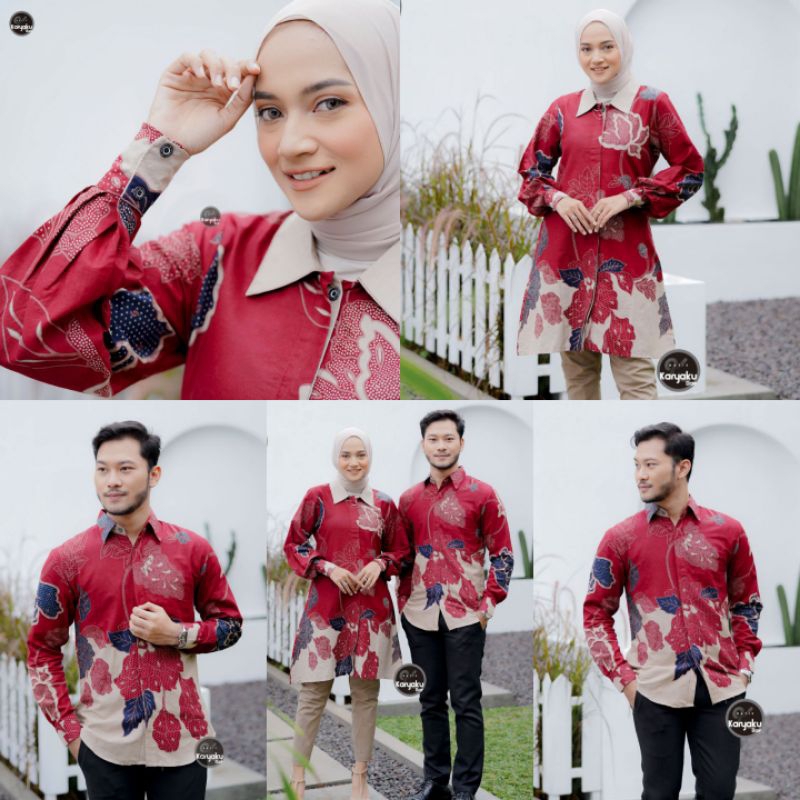 COUPLE TUNIK KEMEJA MAWAR MERAH  BATIK COUPLE MODERN BATIK TRENDING INTERNATIONAL COUPLE