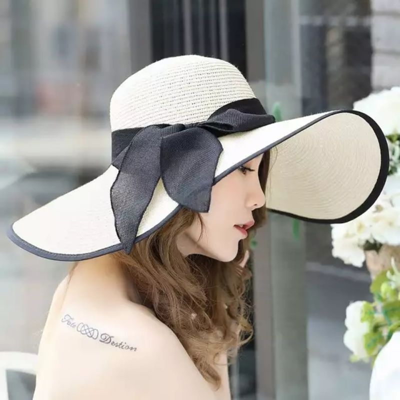 Topi Pantai Wanita Lebar Import / Topi Pantai Wanita Pita Rotan / Straw Hat Labrika House