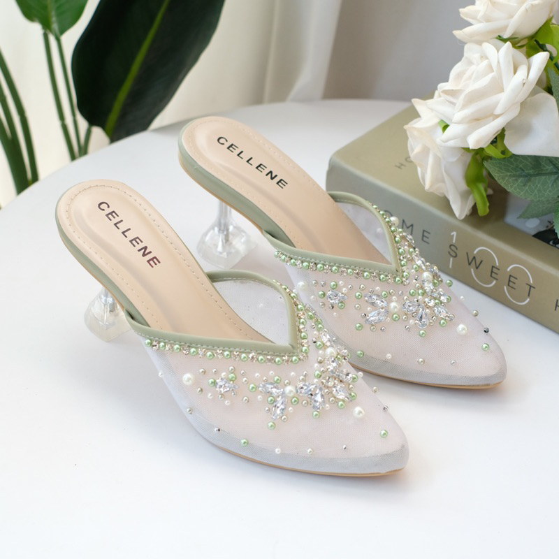𝐂𝐄𝐋𝐋𝐄𝐍𝐄 Bira Beads Heels | wedding shoes sepatu pengantin berpayet beads tinggi 7cm hak kaca sage green