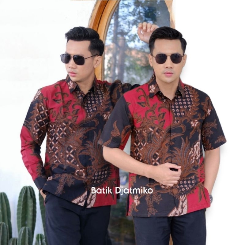 Kemeja Batik Sadha Red Black Hem Batik Lengan Panjang Pendek Jumbo Regular