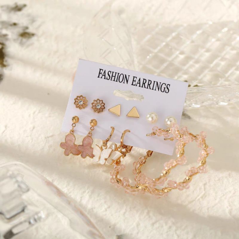 6 Pasang Set Anting Tusuk Aksen Berlian Pink Merah Muda Retro Anting Kupu