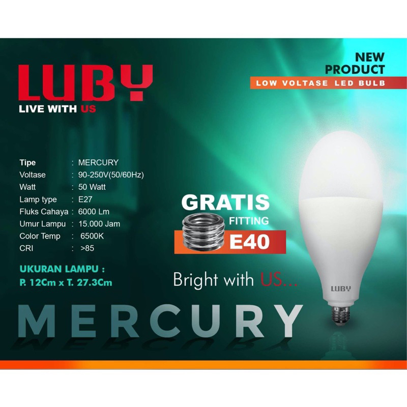 Lampu Bohlam Gudang 50 Watt LUBY Mercury Cahaya Putih/Kuning Bulb 50W E27 E40 LED