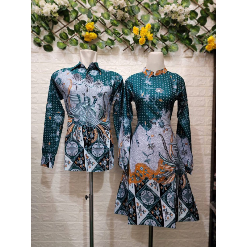 NEW Atasan Couple Tunik Batik Wanita Kemeja Batik Pria Lengan Panjang Exlusive - Motif Ayam Hijau