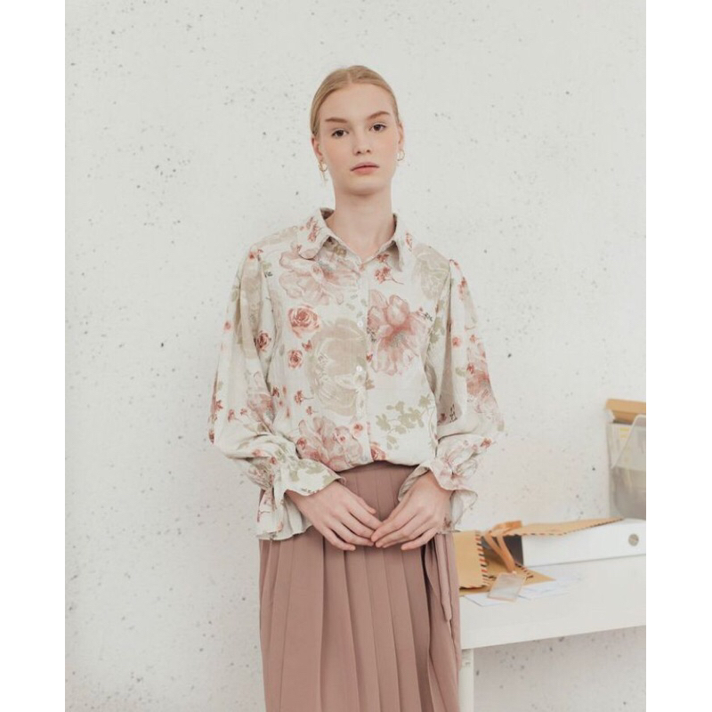 Kemeja wanita motif rose blus bahan crinkle premium