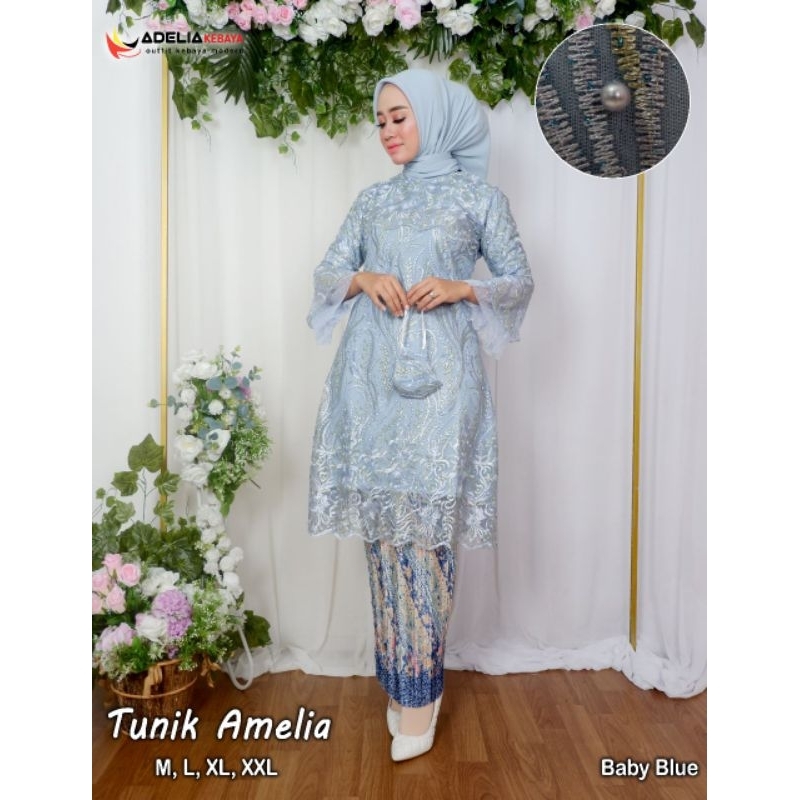 ( COD ) Setelan kebaya tunik amelia twotone - kebaya modern - outfit kekinian - bahan tulle bordir perpaduan dua warna - pakaian pesta keluarga, akad, baju wisuda nikahan, dan kondangan