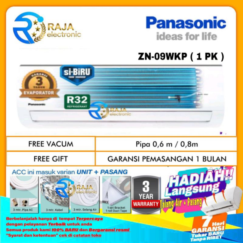 AC PANASONIC 1 PK ZN 09 WKP NON INVERTER R32 SI BIRU + INSTALASI PEMASANGAN