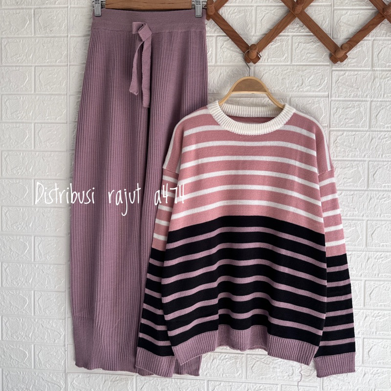 ONESET SWEATER TWIBY STRIPE SETELAN CELANA KULOT RAJUT DAN JOGER WANITA