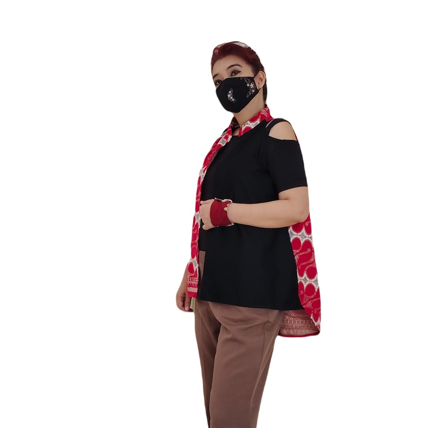 Outer Batik Tanpa Lengan Asimetris Kutung Gesyal Merah Htam Luaran Modern Kontemporer