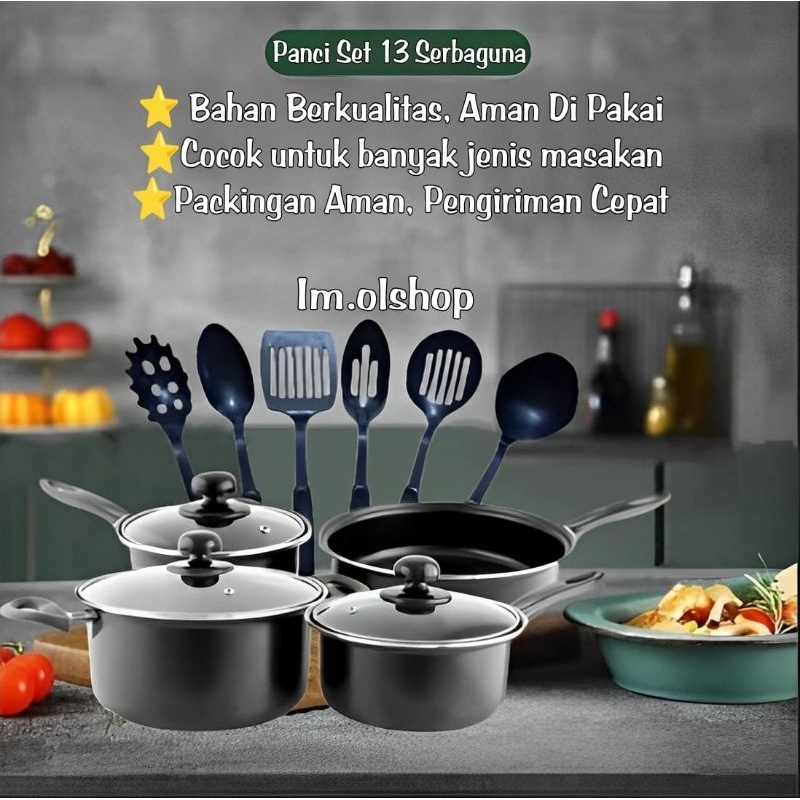 Panci Set Serbaguna Teflon Marble 13Pcs Cookware Set Tutup Kaca⭐Im.olshop⭐