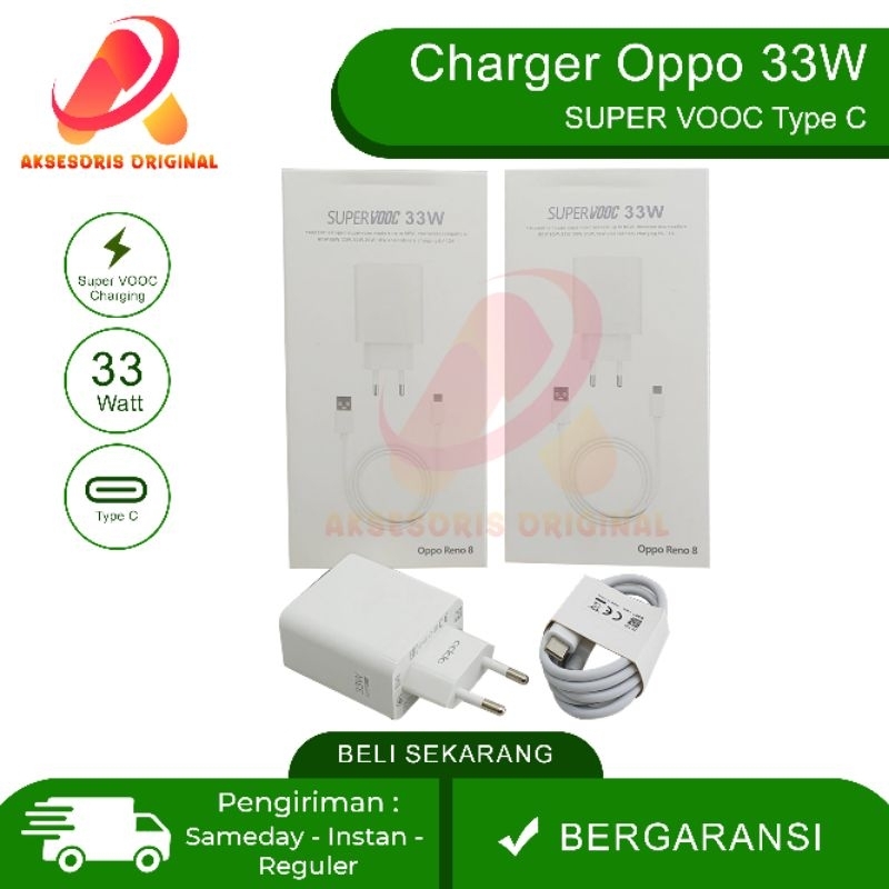 Charger Oppo 33W SUPER VOOC  2.0 Original 100% Oppo Reno 6 7 8 A57 A77s A96 A74 A76 A95 K10 F21 K3 Fast Charging 33 Watt