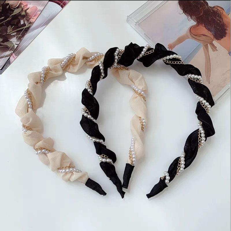 Bando Scrunchie Lilit Rantai Mutiara Bahan Sifon 2cm Korean Chiffon Pearl Headband Aksesoris Rambut Wanita Bando Korea Mutiara