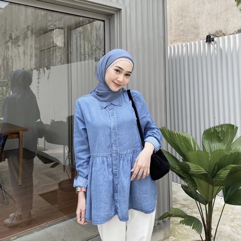 Tamstore Tunik Jeans Atasan Wanita Denim Oversize Full Kancing Keenan