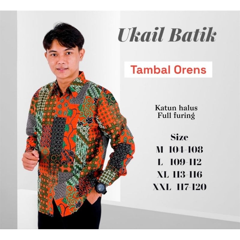 Baju Batik Pria Lengan Panjang Premium Lapis Furing Motif Tambal Orange Bahan Katun