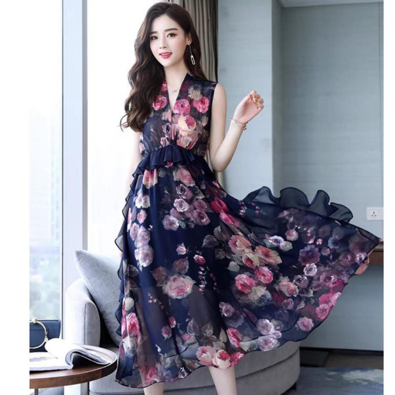 12511 Baju maxidress longdress RUFFLE VNECK FLORAL tanpa lengan lekbong dres Korea Korean style pant