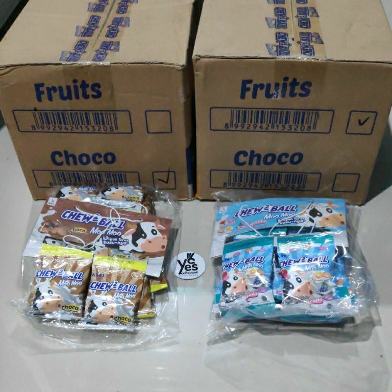 Candy Chew2Ball 1 Bulk Pres = 2 Renceng = 20 Saset Sachet Permen Chew-chew Chew Ball Jajan anak Moo Mo Rasa Choco Fruits makanan ringan