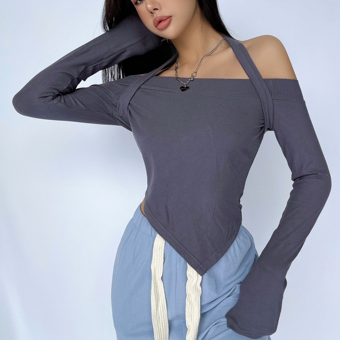 【LIVIAHOME】Halter Neck Tie Off-Shoulder Asymmetric Hem Crop Tee 7284 (S-L)