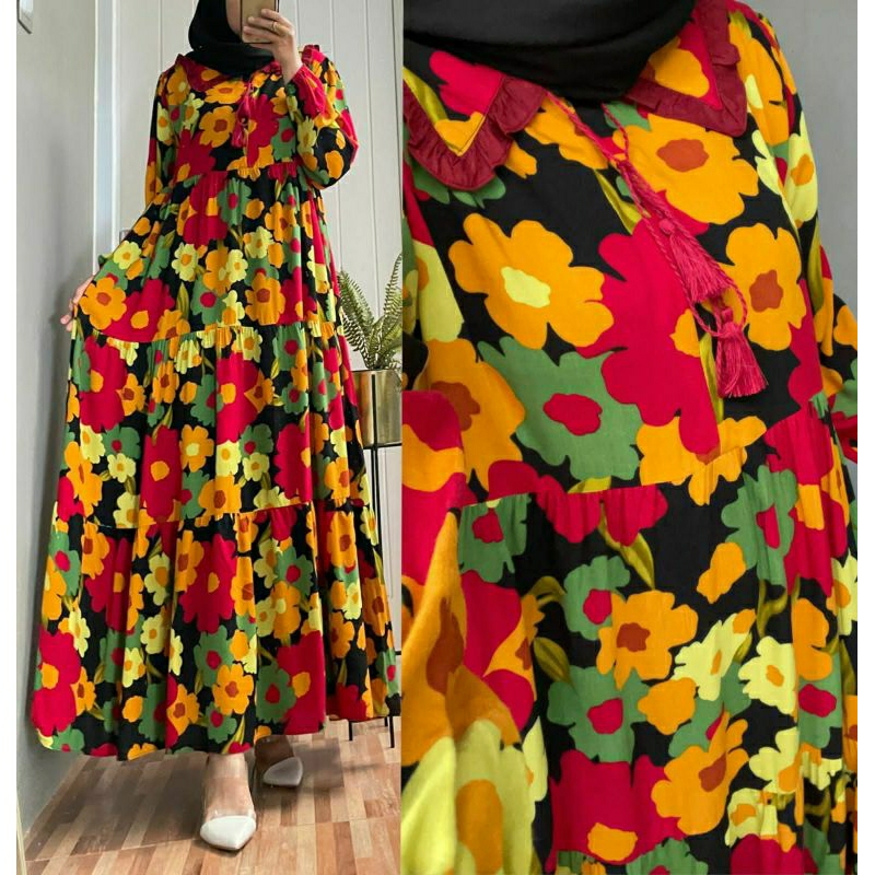 Flower Maxy, GAMIS WANITA MUSLIM CANTIK MODIS MOTIF BUNGA FIT XXL LD 110 BAHAN RAYON PREMIUM TERMURAH ZIPPER BUSUI TERLARIS