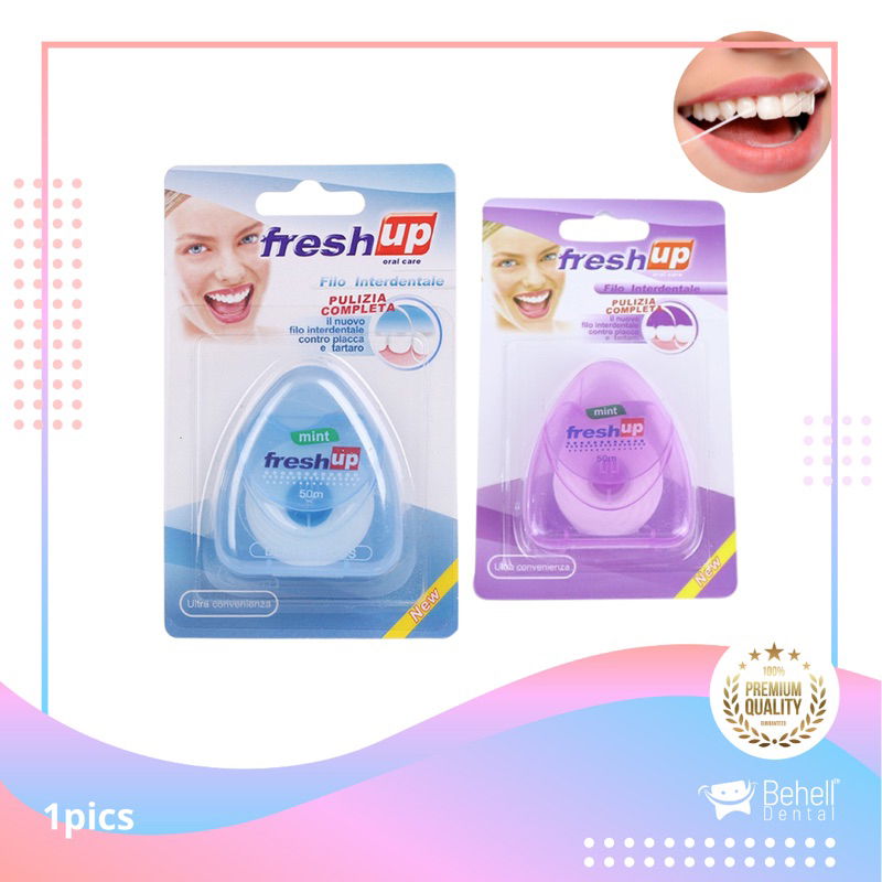 DENTAL FLOSS ESSENTIAL GULUNGAN 50m 50 meter MINT FRESH UP . BENANG GIGI ESENTIAL BOX FRESHUP . SIKAT SELA CELAH BEHEL ORTHO KAWAT ROLL - Penghilang Sisa Makanan Di Gusi . Anti bau mulut dan Pembersih plak Behelldental ORIGINAL