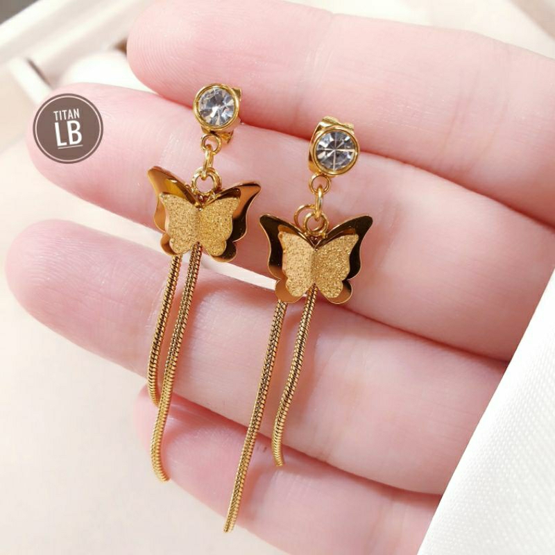 Anting Wanita Dewasa Juntai Permata Butterfly Gold Titanium N22032302