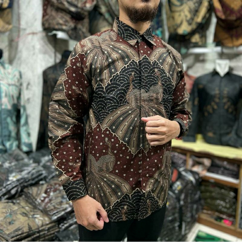 Batik kemeja pria lapis furing bahan katun halus baturaden size reguler merak coklat