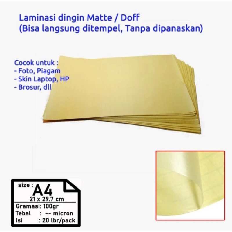

STICKER LAMINASI MATTE A4 100 GSM (DINGIN)COLD LAMINATING MATTE FILM