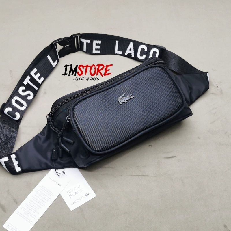 Waistbag Black Leather Grid / tas pinggang pria