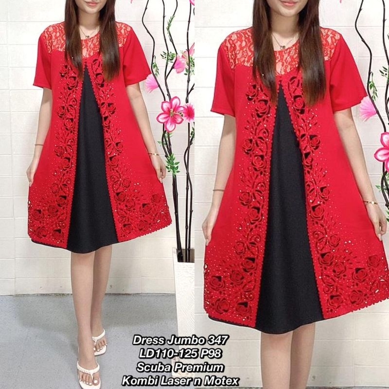 JUMBO DRESS PESTA WANITA SCUBA MIX BROKAT MOTE BUKA TUTUP LD 110-125