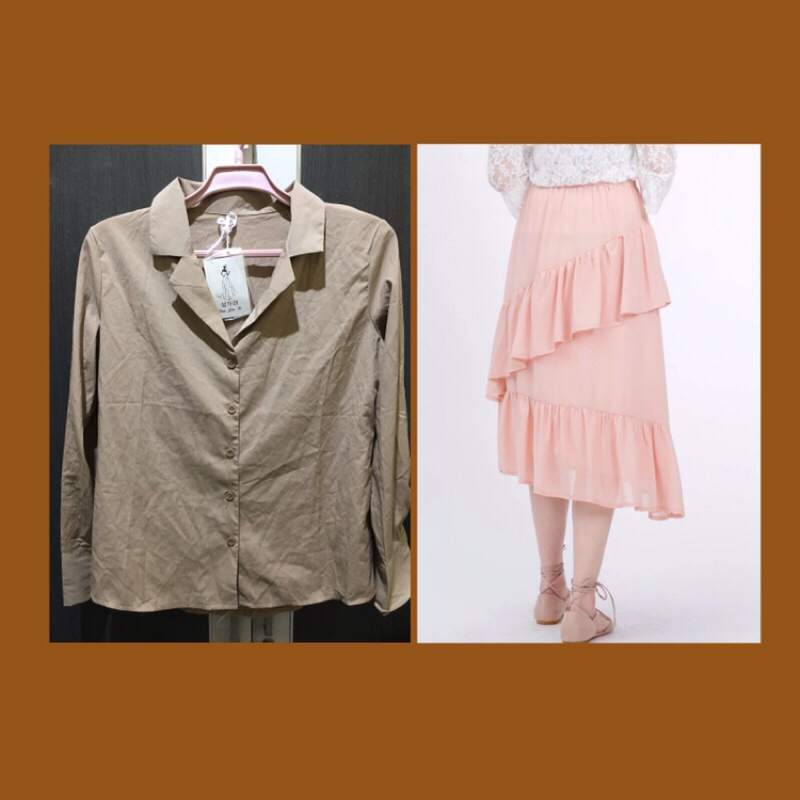 kemeja panjang / kemeja katun / kemeja cream / kemeja beige / kemeja coklat muda / rok pink / rok ko
