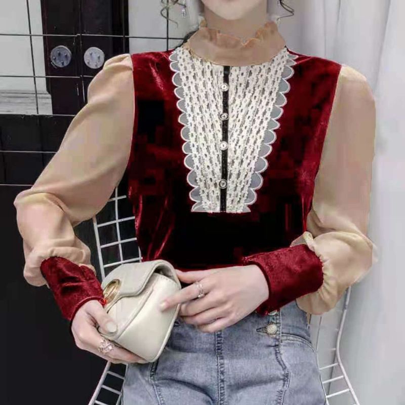 8721 Baju atasan blouse VELVET BLUDRU lengan panjang turtle Korea Korean style wanita premium import