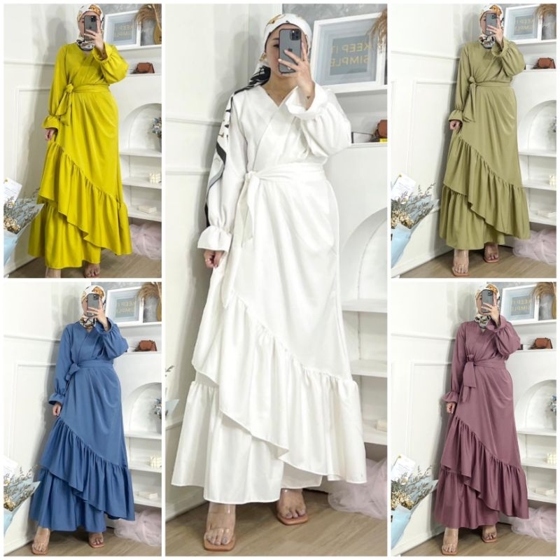 ♡ PREMIUM ♡ ORIGINAL ! YUNITA GAMIS DRAPPERY ASYMMETRIC BOTTOM RUFFLE MAXI DRESS ( HIJAB FRIENDLY )