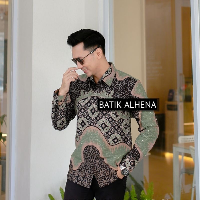 SAGE GREEN Kemeja Batik Pria Lengan Panjang Slimfit Modern full furing