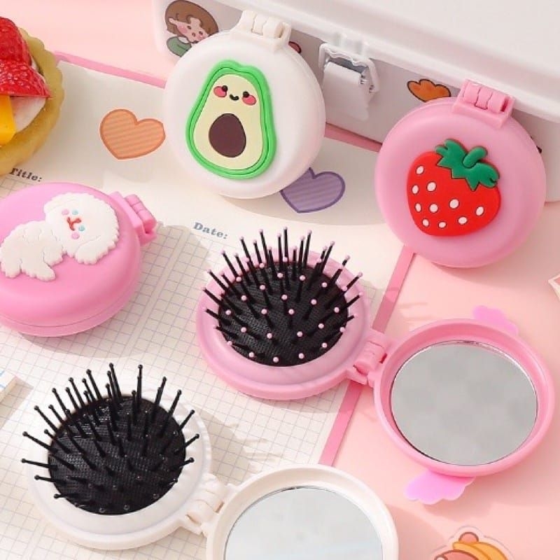 Sisir Kaca Compact Round Bulat Bunder kaca Super Cute Gemoy Pink Merah muda Creme Cream Rainbow Doggie Strawberry Flower White Putih Warna Warni Anak Perlengkapan Sekolah Makeup Unik Mekar Ready stock siap instan grosir termurah Little miss sunshine