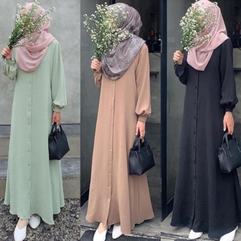 BELLA MIDI DRESS CRINKLE AIRFLOW // MIDI DRESS WANITA// DRESS FULL KANCING// BUSUI