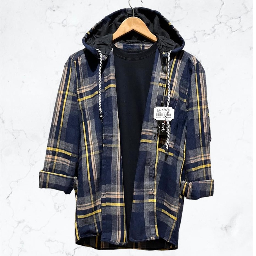 Kemeja Flanel Hoodie Pria Wanita Bertudung Kupluk Motif Kotak Impor