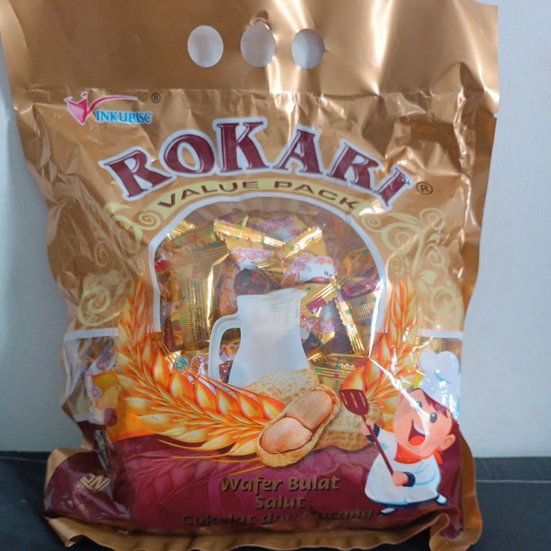 

rokari wafer bulat salut coklat dan kacang