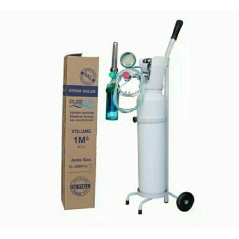 Paket Lengkap Tabung Baru 1m3 Isi Oksigen Full + Regulator Pernapasan + Trolly