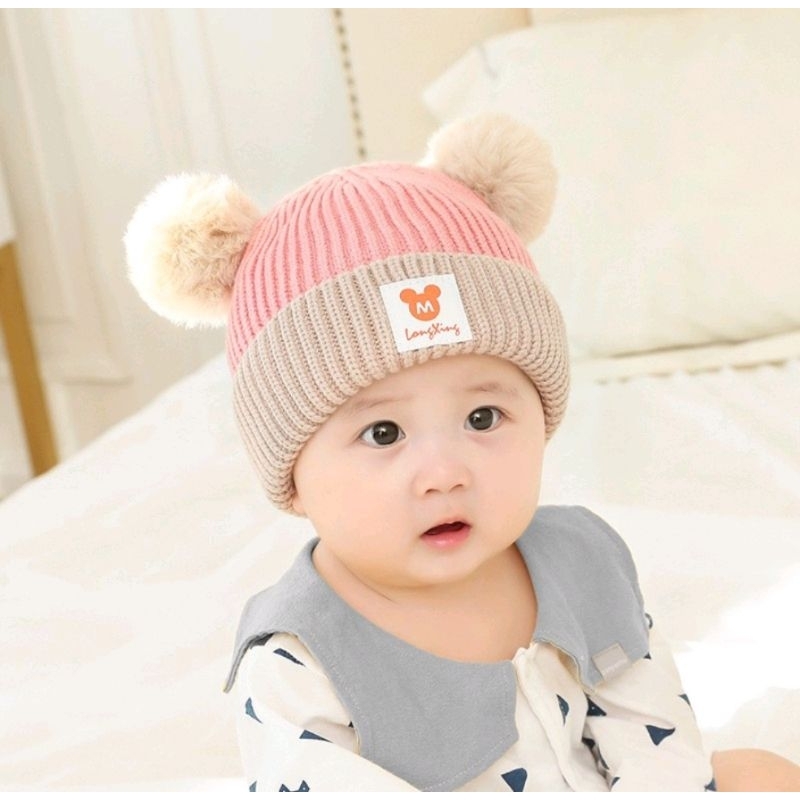 Topi Rajut Bayi  PomPom 2 Warna